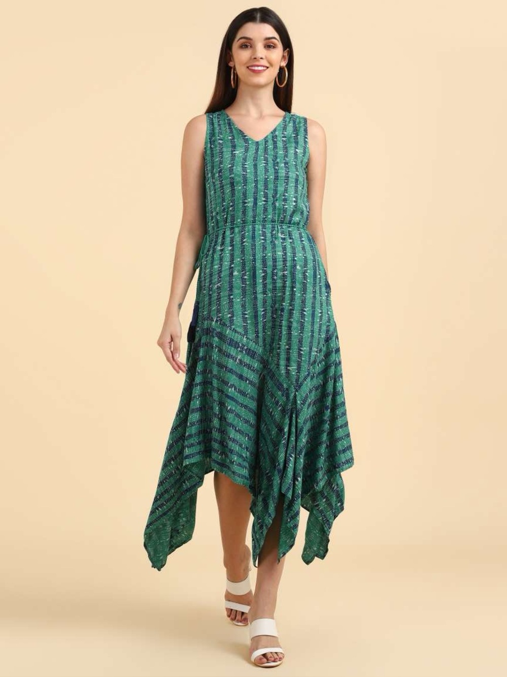 Global Desi Women’s Asymmetric Green & Blue Midi Dress. Size XS.